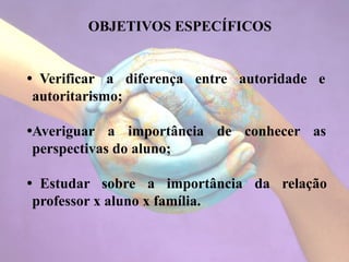 OBJETIVOS ESPECÍFICOS
• Verificar a diferença entre autoridade e
autoritarismo;
•Averiguar a importância de conhecer as
perspectivas do aluno;
• Estudar sobre a importância da relação
professor x aluno x família.
 
