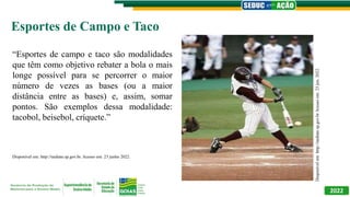 2022
Esportes de Campo e Taco
“Esportes de campo e taco são modalidades
que têm como objetivo rebater a bola o mais
longe possível para se percorrer o maior
número de vezes as bases (ou a maior
distância entre as bases) e, assim, somar
pontos. São exemplos dessa modalidade:
tacobol, beisebol, críquete.”
Disponível em: http://taubate.sp.gov.br. Acesso em: 23 junho 2022.
Disponível
em:
http://taubate.sp.gov.br
Acesso
em:
23
jun.
2022.
 