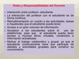 Roles y Responsabilidades del Docente
 Interacción entre profesor- estudiante.
 La interacción del profesor con el estudiante es de
forma continua.
 Retroalimentación en cuanto a las actividades, tareas
e inquietudes que el estudiante pueda tener.
 Acceso a un gran volumen de información.
 Socializar a los estudiantes sobre el uso de
plataformas, para que el estudiante pueda tener
acceso a muchos libros virtuales, contenidos e
información actualizada.
 Motivar al trabajo colaborativo y grupal, ya que el
estudiante continuamente tiene que participar de
debates y actividades grupales para construir su
conocimiento.
 