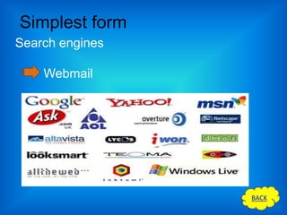Simplest form
Search engines

    Webmail




                 BACK
 