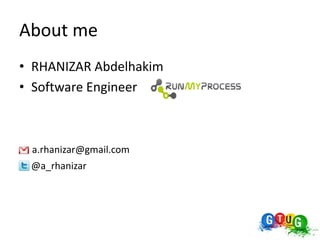 About me
• RHANIZAR Abdelhakim
• Software Engineer



 a.rhanizar@gmail.com
 @a_rhanizar
 