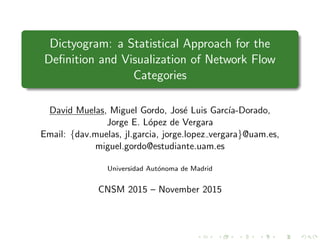 Dictyogram: a Statistical Approach for the
Deﬁnition and Visualization of Network Flow
Categories
David Muelas, Miguel Gordo, Jos´e Luis Garc´ıa-Dorado,
Jorge E. L´opez de Vergara
Email: {dav.muelas, jl.garcia, jorge.lopez vergara}@uam.es,
miguel.gordo@estudiante.uam.es
Universidad Aut´onoma de Madrid
CNSM 2015 – November 2015
 