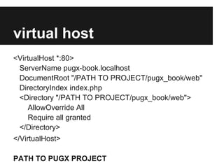 virtual host
<VirtualHost *:80>
 ServerName pugx-book.localhost
 DocumentRoot "/PATH TO PROJECT/pugx_book/web"
 DirectoryIndex index.php
 <Directory "/PATH TO PROJECT/pugx_book/web">
    AllowOverride All
    Require all granted
 </Directory>
</VirtualHost>

PATH TO PUGX PROJECT
 