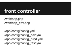 front controller
/web/app.php
/web/app_dev.php

/app/config/config.yml
/app/config/config_dev.yml
/app/config/config_prod.yml
/app/config/config_test.yml
 