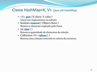 Classe HashMap<K, V>               (java.util.HashMap)

   <V> put ( K chave, V valor )
    Insere um mapeamento na coleção.
   boolean remove ( Object chave )
    Remove o elemento mapeado pela chave.
   int size ( )
    Retorna a quantidade de elementos da coleção.
   Collection <V> values ( )
    Retorna uma coleção contendo os valores da estrutura.




                                                            36
 