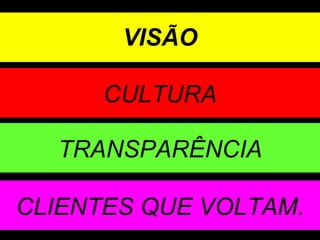 VISÃO CULTURA TRANSPARÊNCIA CLIENTES QUE VOLTAM. 