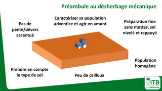 3
Préambule au désherbage mécanique
Pas de
pente/dévers
accentué
Peu de cailloux
Préparation fine
sans mottes, sol
nivelé ...