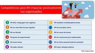 Competências para RH impactar positivamente
nas organizações
RH falar a linguagem dos negócios RH trabalhar multidisciplinarmente
RH ser mais líder do que seguidor RH ter princípios claros
RH ser flexível RH ter senso de humor
RH gostar de experimentar RH ter autonomia para implementar
RH ousar inovar RH ter forte network (rede de contatos)
RH saber calcular RH trazer soluções práticas
Profa. Virgínia Conde
 