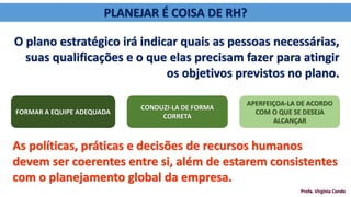 PLANEJAR É COISA DE RH?
O plano estratégico irá indicar quais as pessoas necessárias,
suas qualificações e o que elas precisam fazer para atingir
os objetivos previstos no plano.
FORMAR A EQUIPE ADEQUADA
CONDUZI-LA DE FORMA
CORRETA
APERFEIÇOA-LA DE ACORDO
COM O QUE SE DESEJA
ALCANÇAR
As políticas, práticas e decisões de recursos humanos
devem ser coerentes entre si, além de estarem consistentes
com o planejamento global da empresa.
Profa. Virgínia Conde
 