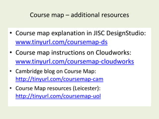 Course map – additional resources

• Course map explanation in JISC DesignStudio:
  www.tinyurl.com/coursemap-ds
• Course map instructions on Cloudworks:
  www.tinyurl.com/coursemap-cloudworks
• Cambridge blog on Course Map:
  http://tinyurl.com/coursemap-cam
• Course Map resources (Leicester):
  http://tinyurl.com/coursemap-uol
 