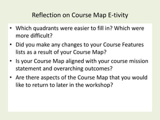Reflection on Course Map E-tivity
• Which quadrants were easier to fill in? Which were
  more difficult?
• Did you make any changes to your Course Features
  lists as a result of your Course Map?
• Is your Course Map aligned with your course mission
  statement and overarching outcomes?
• Are there aspects of the Course Map that you would
  like to return to later in the workshop?
 