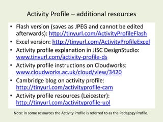 Activity Profile – additional resources
• Flash version (saves as JPEG and cannot be edited
  afterwards): http://tinyurl.com/ActivityProfileFlash
• Excel version: http://tinyurl.com/ActivityProfileExcel
• Activity profile explanation in JISC DesignStudio:
  www.tinyurl.com/activity-profile-ds
• Activity profile instructions on Cloudworks:
  www.cloudworks.ac.uk/cloud/view/3420
• Cambridge blog on activity profile:
  http://tinyurl.com/activityprofile-cam
• Activity profile resources (Leicester):
  http://tinyurl.com/activityprofile-uol
 Note: in some resources the Activity Profile is referred to as the Pedagogy Profile.
 