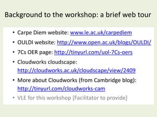 Background to the workshop: a brief web tour

  • Carpe Diem website: www.le.ac.uk/carpediem
  • OULDI website: http://www.open.ac.uk/blogs/OULDI/
  • 7Cs OER page: http://tinyurl.com/uol-7Cs-oers
  • Cloudworks cloudscape:
    http://cloudworks.ac.uk/cloudscape/view/2409
  • More about Cloudworks (from Cambridge blog):
    http://tinyurl.com/cloudworks-cam
  • VLE for this workshop [Facilitator to provide]
 