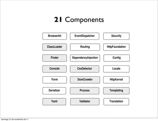 21 Components

                                Browserkit     EventDispatcher         Security


                                ClassLoader        Routing          HttpFoundation


                                  Finder      DependencyInjection       Config


                                 Console         CssSelector           Locale


                                   Form          DomCrawler           HttpKernel


                                 Serializer        Process           Templating


                                   Yaml            Validator         Translation




domingo 27 de noviembre de 11
 
