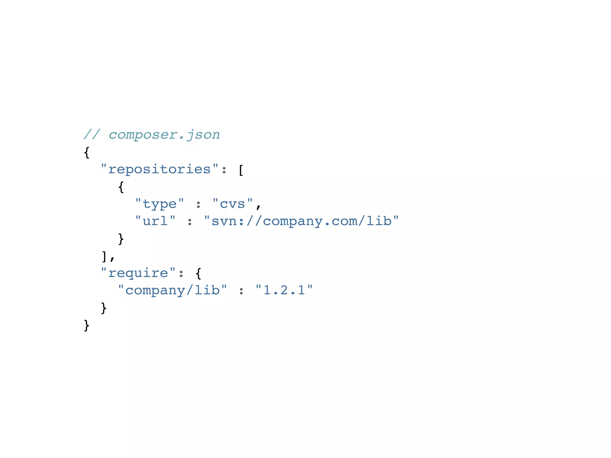 // composer.json
{
  "repositories": [
     {
       "type" : "cvs",
       "url" : "svn://company.com/lib"
     }
  ],
  "require": {
     "company/lib" : "1.2.1"
  }
}
 