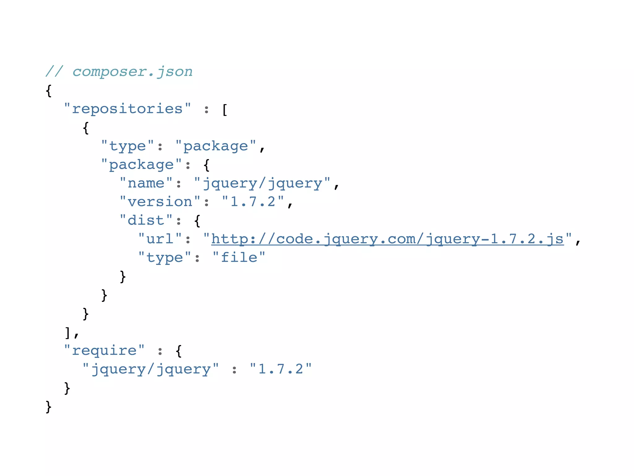 // composer.json
{
  "repositories" : [
     {
       "type": "package",
       "package": {
         "name": "jquery/jquery",
         "version": "1.7.2",
         "dist": {
           "url": "http://code.jquery.com/jquery-1.7.2.js",
           "type": "file"
         }
       }
     }
  ],
  "require" : {
     "jquery/jquery" : "1.7.2"
  }
}
 