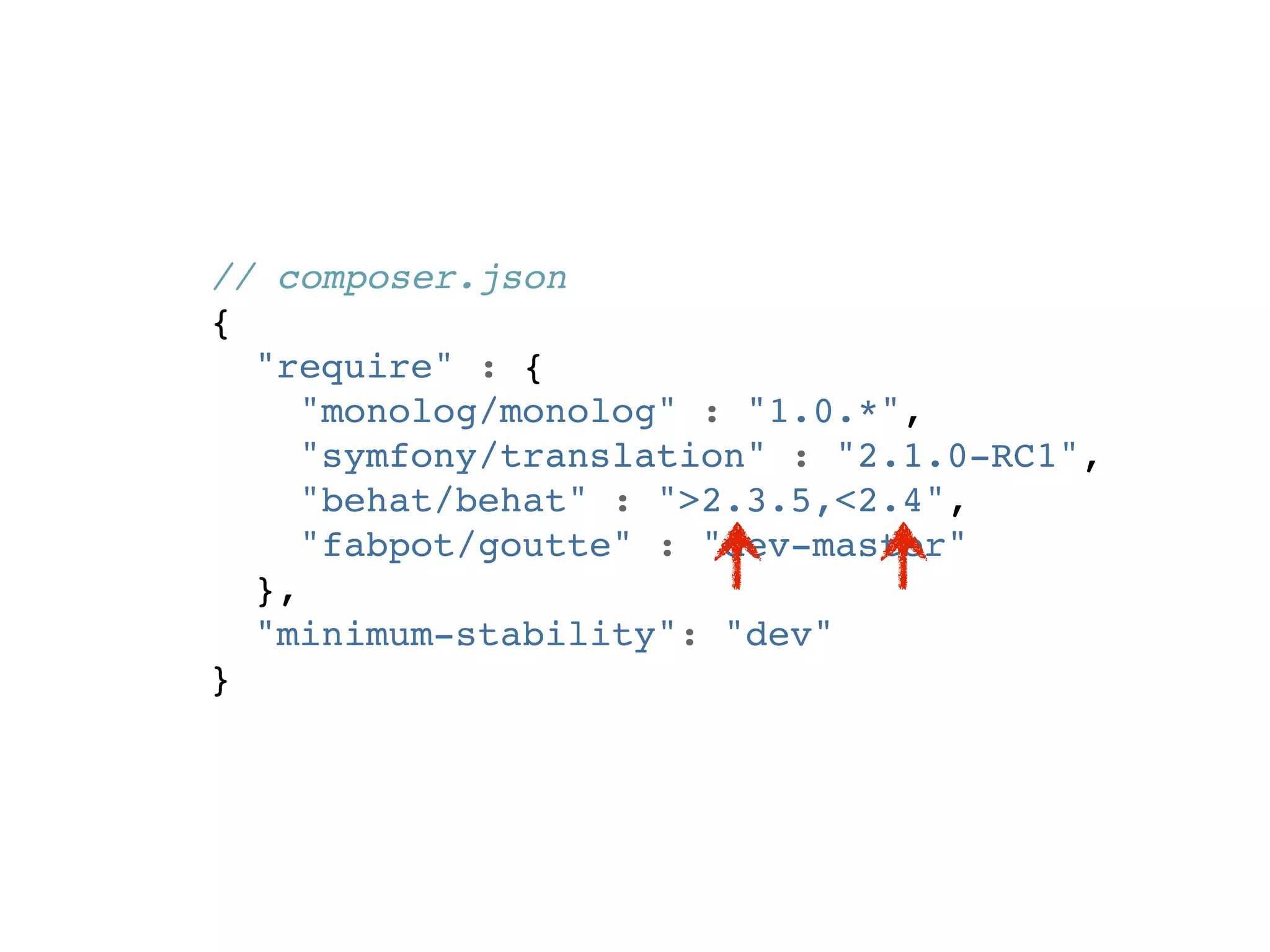 // composer.json
{
  "require" : {
     "monolog/monolog" : "1.0.*",
     "symfony/translation" : "2.1.0-RC1",
     "behat/behat" : ">2.3.5,<2.4",
     "fabpot/goutte" : "dev-master"
  },
  "minimum-stability": "dev"
}
 