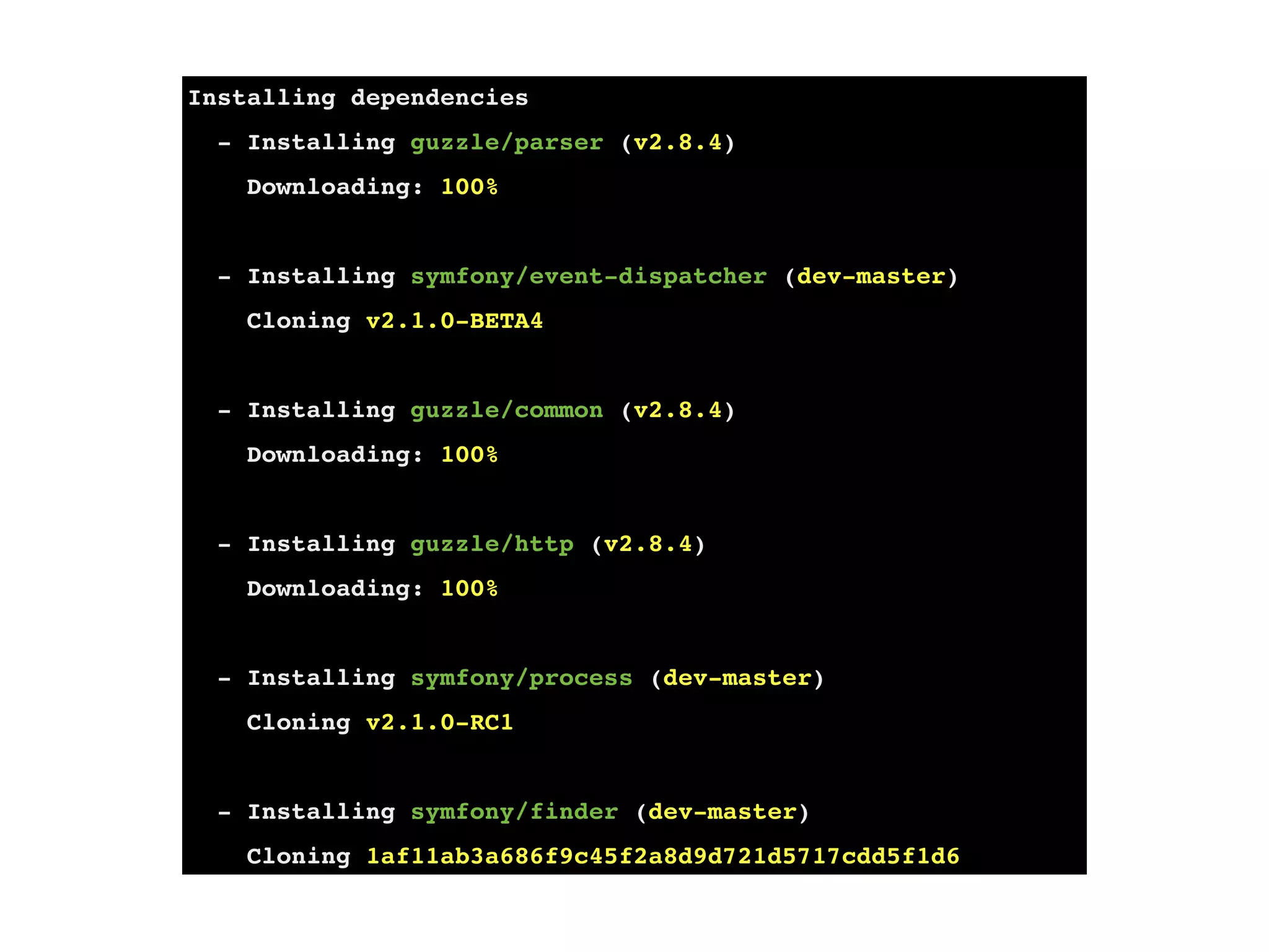 Installing dependencies
  - Installing guzzle/parser (v2.8.4)
    Downloading: 100%


  - Installing symfony/event-dispatcher (dev-master)
    Cloning v2.1.0-BETA4


  - Installing guzzle/common (v2.8.4)
    Downloading: 100%


  - Installing guzzle/http (v2.8.4)
    Downloading: 100%


  - Installing symfony/process (dev-master)
    Cloning v2.1.0-RC1


  - Installing symfony/finder (dev-master)
    Cloning 1af11ab3a686f9c45f2a8d9d721d5717cdd5f1d6
 