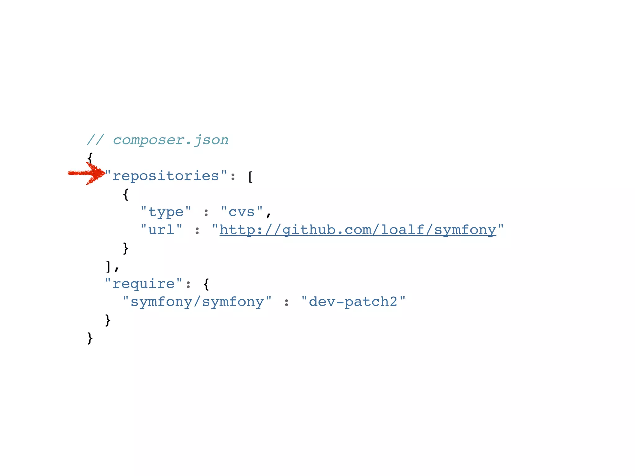 // composer.json
{
  "repositories": [
     {
       "type" : "cvs",
       "url" : "http://github.com/loalf/symfony"
     }
  ],
  "require": {
     "symfony/symfony" : "dev-patch2"
  }
}
 