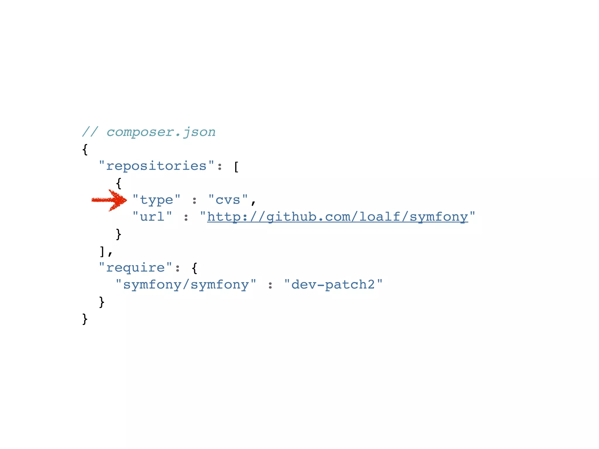 // composer.json
{
  "repositories": [
     {
       "type" : "cvs",
       "url" : "http://github.com/loalf/symfony"
     }
  ],
  "require": {
     "symfony/symfony" : "dev-patch2"
  }
}
 