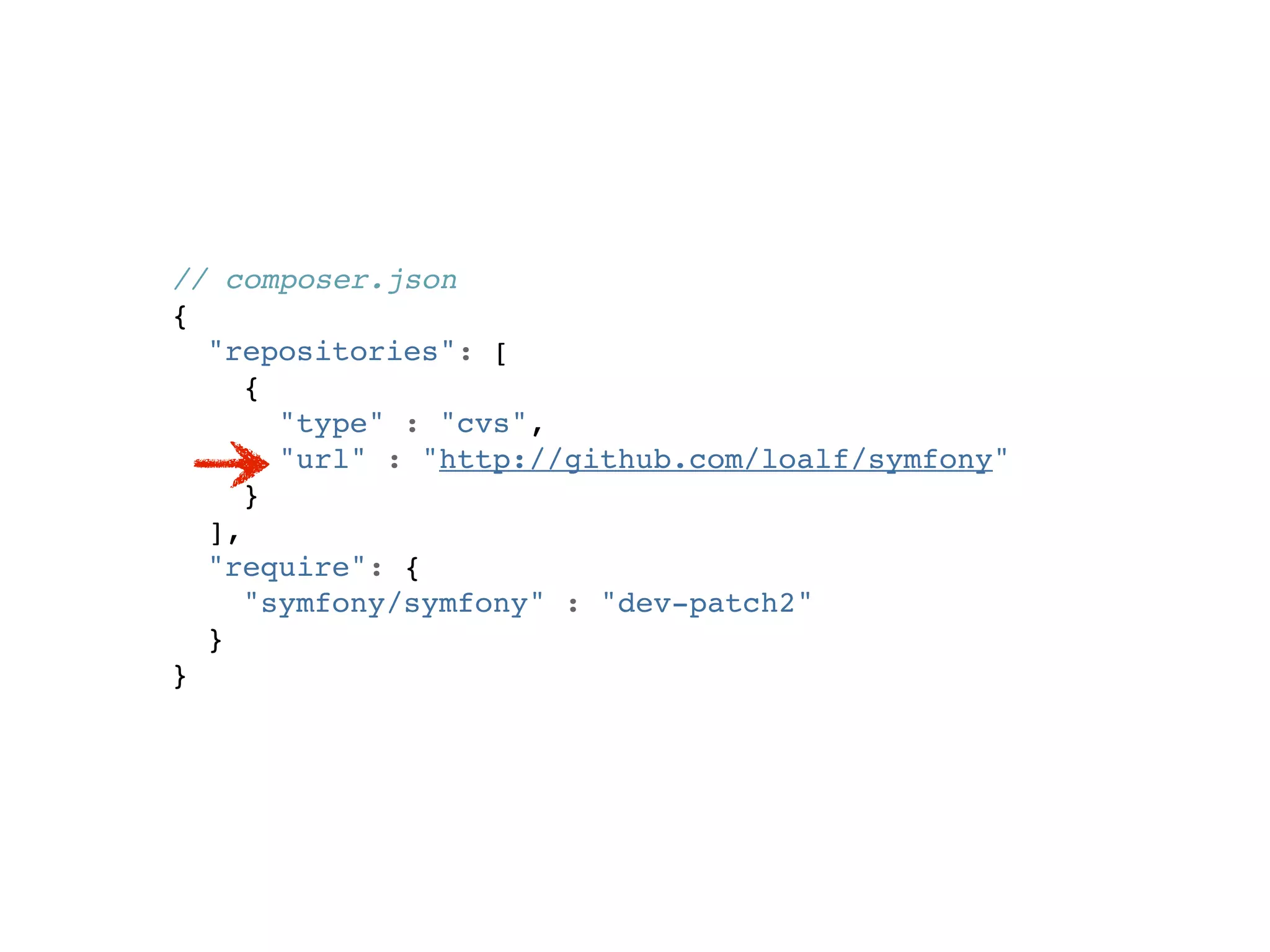 // composer.json
{
  "repositories": [
     {
       "type" : "cvs",
       "url" : "http://github.com/loalf/symfony"
     }
  ],
  "require": {
     "symfony/symfony" : "dev-patch2"
  }
}
 