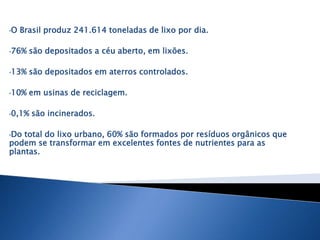•O Brasil produz 241.614 toneladas de lixo por dia.
•76% são depositados a céu aberto, em lixões.
•13% são depositados em aterros controlados.
•10% em usinas de reciclagem.
•0,1% são incinerados.
•Do total do lixo urbano, 60% são formados por resíduos orgânicos que
podem se transformar em excelentes fontes de nutrientes para as
plantas.
 