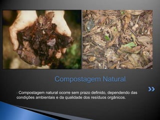 • Compostagem natural ocorre sem prazo definido, dependendo das
condições ambientais e da qualidade dos resíduos orgânicos.
Compostagem Natural
 