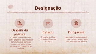 O termo comunismo tem
como origem a palavra latina
communis,que significa
comum,e o sufixo grego
ismo,que faz referência as
crenças
Origem da
palavra
No ideal comunista,assim
como o estado,a burguesia
também deve ser abolida
Burguesia
Estado
O estado,no ideal
comunista,deve ser
abolido
Designação
 