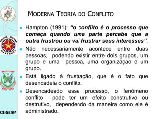 Hampton (1991): “o conflito é o processo que
começa quando uma parte percebe que a
outra frustrou ou vai frustrar seus interesses”.
 Não necessariamente acontece entre duas
pessoas, podendo existir entre dois grupos, um
grupo e uma pessoa, uma organização e um
grupo.
 Está ligado à frustração, que é o fato que
desencadeia o conflito.
 Desencadeado esse processo, o fenômeno
conflito pode ter um efeito construtivo ou
destrutivo, dependendo da maneira como ele é
administrado.
MODERNA TEORIA DO CONFLITO
 