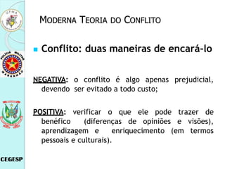  Conflito: duas maneiras de encará-lo
NEGATIVA: o conflito é algo apenas prejudicial,
devendo ser evitado a todo custo;
POSITIVA: verificar o que ele pode trazer de
benéfico (diferenças de opiniões e visões),
aprendizagem e enriquecimento (em termos
pessoais e culturais).
MODERNA TEORIA DO CONFLITO
 