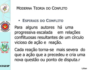  ESPIRAIS DO CONFLITO
Para alguns autores há uma
progressiva escalada em relações
conflituosas resultantes de um círculo
vicioso de ação e reação.
Cada reação torna-se mais severa do
que a ação que a precedeu e cria uma
nova questão ou ponto de disputa.r
Lilian
MODERNA TEORIA DO CONFLITO
 