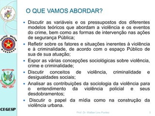 O QUE VAMOS ABORDAR?
 Discutir as variáveis e os pressupostos dos diferentes
modelos teóricos que abordam a violência e os eventos
do crime, bem como as formas de intervenção nas ações
de segurança Pública;
 Refletir sobre os fatores e situações inerentes à violência
e à criminalidade, de acordo com o espaço Público de
sua de sua atuação;
 Expor as várias concepções sociológicas sobre violência,
crime e criminalidade;
 Discutir conceitos de violência, criminalidade e
desigualdades sociais;
 Analisar as contribuições da sociologia da violência para
o entendimento da violência policial e seus
desdobramentos;
 Discutir o papel da mídia como na construção da
violência urbana.
Prof. Dr. Walber Lins Pontes 3
 