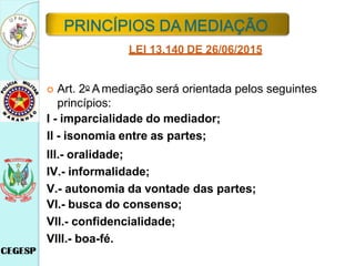 LEI 13.140 DE 26/06/2015
 Art. 2o A mediação será orientada pelos seguintes
princípios:
I - imparcialidade do mediador;
II - isonomia entre as partes;
III.- oralidade;
IV.- informalidade;
V.- autonomia da vontade das partes;
VI.- busca do consenso;
VII.- confidencialidade;
VIII.- boa-fé.
PRINCÍPIOS DA MEDIAÇÃO
 
