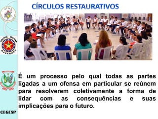 É um processo pelo qual todas as partes
ligadas a um ofensa em particular se reúnem
forma de
para resolverem coletivamente a
lidar com as consequências e suas
implicações para o futuro.
 