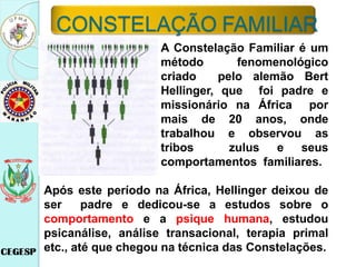 CONSTELAÇÃO FAMILIAR
A Constelação Familiar é um
método fenomenológico
criado pelo alemão Bert
Hellinger, que foi padre e
missionário na África por
mais de 20 anos, onde
trabalhou e observou as
tribos zulus e seus
comportamentos familiares.
Após este período na África, Hellinger deixou de
ser padre e dedicou-se a estudos sobre o
comportamento e a psique humana, estudou
psicanálise, análise transacional, terapia primal
etc., até que chegou na técnica das Constelações.
 