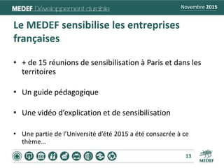 Novembre 2015
Le MEDEF sensibilise les entreprises
françaises
• + de 15 réunions de sensibilisation à Paris et dans les
te...