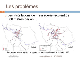 Les problèmes
10



Les installations de messagerie reculent de
300 mètres par an…

Le desserrement logistique (quais de messagerie) entre 1974 et 2008
Jérôme Libeskind

17/10/2013

 