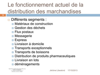 Le fonctionnement actuel de la
distribution des marchandises
14



Différents segments :
Matériaux de construction
 Gestion des déchets
 Flux postaux
 Messagerie
 Express
 Livraison à domicile
 Transports exceptionnels
 Transports de boissons
 Distribution de produits pharmaceutiques
 Livraison en lots
 déménagements


Jérôme Libeskind

17/10/2013

 