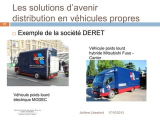 Les solutions d’avenir
distribution en véhicules propres
21



Exemple de la société DERET
Véhicule poids lourd
hybride Mitsubishi Fuso Canter

Véhicule poids lourd
électrique MODEC
Jérôme Libeskind

17/10/2013

 