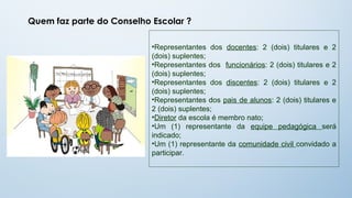 Quem faz parte do Conselho Escolar ?

                           •Representantes dos docentes: 2 (dois) titulares e 2
                           (dois) suplentes;
                           •Representantes dos funcionários: 2 (dois) titulares e 2
                           (dois) suplentes;
                           •Representantes dos discentes: 2 (dois) titulares e 2
                           (dois) suplentes;
                           •Representantes dos pais de alunos: 2 (dois) titulares e
                           2 (dois) suplentes;
                           •Diretor da escola é membro nato;
                           •Um (1) representante da equipe pedagógica será
                           indicado;
                           •Um (1) representante da comunidade civil convidado a
                           participar.
 