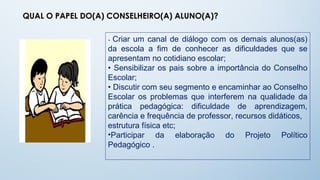 QUAL O PAPEL DO(A) CONSELHEIRO(A) ALUNO(A)?

                  • Criar um canal de diálogo com os demais alunos(as)
                  da escola a fim de conhecer as dificuldades que se
                  apresentam no cotidiano escolar;
                  • Sensibilizar os pais sobre a importância do Conselho
                  Escolar;
                  • Discutir com seu segmento e encaminhar ao Conselho
                  Escolar os problemas que interferem na qualidade da
                  prática pedagógica: dificuldade de aprendizagem,
                  carência e frequência de professor, recursos didáticos,
                  estrutura física etc;
                  •Participar da elaboração do Projeto Político
                  Pedagógico .
 