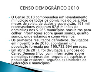  O Censo 2010 compreendeu um levantamento
minucioso de todos os domicílios do país. Nos
meses de coleta de dados e supervisão, 191 mil
recenseadores visitaram 67,6 milhões de
domicílios nos 5.565 municípios brasileiros para
colher informações sobre quem somos, quanto
somos, onde estamos e como vivemos.
 Os primeiros resultados definitivos, divulgados
em novembro de 2010, apontaram uma
população formada por 190.732.694 pessoas.
 Em abril de 2011, foi divulgada a Sinopse do
Censo Demográfico, com informações sobre
domicílios recenseados, segundo a espécie, e
população residente, segundo as Unidades da
Federação e municípios.
 