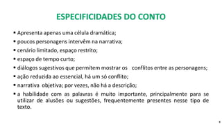 ▪ Apresenta apenas uma célula dramática;
▪ poucos personagens intervêm na narrativa;
▪ cenário limitado, espaço restrito;
▪ espaço de tempo curto;
▪ diálogos sugestivos que permitem mostrar os conflitos entre as personagens;
▪ ação reduzida ao essencial, há um só conflito;
▪ narrativa objetiva; por vezes, não há a descrição;
▪ a habilidade com as palavras é muito importante, principalmente para se
utilizar de alusões ou sugestões, frequentemente presentes nesse tipo de
texto.
9
 