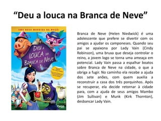 “Deu a louca na Branca de Neve”
Branca de Neve (Helen Niedwick) é uma
adolescente que prefere se divertir com os
amigos a ajudar os camponeses. Quando seu
pai se apaixona por Lady Vain (Cindy
Robinson), uma bruxa que deseja controlar o
reino, a jovem logo se torna uma ameaça em
potencial. Lady Vain passa a espalhar boatos
sobre Branca de Neve na cidade, o que a
obriga a fugir. No caminho ela recebe a ajuda
dos sete anões, com quem auxilia a
reconstruir a casa dos três porquinhos. Após
se recuperar, ela decide retornar à cidade
para, com a ajuda de seus amigos Mambo
(Jim Sullivan) e Munk (Kirk Thornton),
desbancar Lady Vain.
 