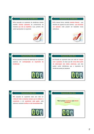 Orçamento de Tendências                                   Orçamento de Tendências


  Na execução do orçamento de tendências sempre            Da mesma forma, existirão eventos futuros – que
existirão eventos passados de conhecimento da            deverão ser orçados de outra maneira – que não terão
empresa que não se repetirão e que, portanto, não        um passado onde possam ser baseadas novas
serão reproduzidos no orçamento                          estimativas




                  Orçamento Base Zero                                   Orçamento Base Zero


  Esta proposta conceitual de elaboração de orçamento      A filosofia do orçamento base zero está em romper
apareceu     em    contraposição   ao   orçamento   de   com o passado, em dizer que ele nunca deve partir
tendências                                               da observação dos dados anteriores, pois eles
                                                         podem conter ineficiências que o orçamento de
                                                         tendências acaba por perpetuar




                  Orçamento Base Zero                                   Orçamento Base Zero


  A proposta do orçamento base zero está em
rediscutir toda a empresa sempre que se elabora o
orçamento, e em questionar cada gasto, cada                     “Não é porque aconteceu que deverá
                                                                            acontecer”
estrutura, buscando verificar a real necessidade dele




                                                                                                                2
 