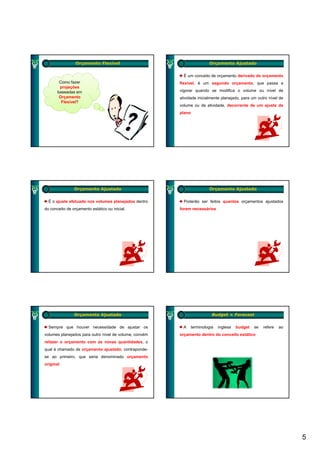 Orçamento Flexível                                      Orçamento Ajustado


                                                          É um conceito de orçamento derivado do orçamento
        Como fazer                                      flexível, é um segundo orçamento, que passa a
        projeções
       baseadas em                                      vigorar quando se modifica o volume ou nível de
        Orçamento                                       atividade inicialmente planejado, para um outro nível de
         Flexível?
         Fl í l?
                                                        volume ou de atividade, decorrente de um ajuste de
                                                        plano




                Orçamento Ajustado                                       Orçamento Ajustado


  É o ajuste efetuado nos volumes planejados dentro       Poderão ser feitos quantos orçamentos ajustados
do conceito de orçamento estático ou inicial.           forem necessários




                Orçamento Ajustado                                         Budget × Forecast


  Sempre que houver necessidade de ajustar os             A     terminologia   inglesa   budget   se   refere   ao
volumes planejados para outro nível de volume, convém   orçamento dentro do conceito estático
refazer o orçamento com as novas quantidades, o
qual é chamado de orçamento ajustado, contraponde-
se ao primeiro, que seria denominado orçamento
original




                                                                                                                     5
 