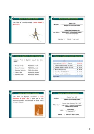Ponto de Equilíbrio Contábil                               Ponto de Equilíbrio Contábil

  No Ponto de Equilíbrio Contábil, o lucro contábil é
                                                                                               Gastos Fixos
igual a zero.                                            PEC (unid.)      =
                                                                                   Margem de Contribuição Unitária



                                                                                      Custos Fixos + Despesas Fixas
                                                        PEC (unid.) =         Preço unitário – (Custo Variável Unitário +
                                                                                     Despesa Variável Unitária)




                                                                    PEC (R$)       =      PE (unid.) × Preço unitário




    Ponto de Equilíbrio Contábil (Exemplo)                  Ponto de Equilíbrio Contábil (Exemplo)


 Calcule o Ponto de Equilíbrio a partir dos dados
                                                                                  DRE                               R$
 abaixo:
                                                        Receita de Vendas (4.000 unid. × R$ 500,00)            R$ 2.000.000

                                                        ( − ) Custos Variáveis (4.000 unid. × R$ 300,00)       R$ 1.200.000
   Preço de Venda:        R$ 500,00/unidade
                                                        ( − ) Despesas Variáveis (4.000 unid. × R$ 50,00)      R$   200.000
   Custos Variáveis:      R$ 300,00/unidade
                                                        ( = ) Margem de Contribuição                           R$ 600.000
   Despesas Variáveis:    R$ 50,00/unidade
                                                        ( − ) Custos Fixos (R$ 500.000,00/mês)                 R$ 500.000
   Custos Fixos:          R$ 500.000,00/mês
                                                        ( − ) Despesas Fixas (R$ 100.000,00/mês)               R$ 100.000
   Despesas Fixas:        R$ 100.000,00/mês
                                                        Lucro Líquido                                                    0




         Ponto de Equilíbrio Econômico                              Ponto de Equilíbrio Econômico

  No Ponto de Equilíbrio Econômico, o lucro                                                Gastos Fixos + LAIR
econômico é igual      zero – sendo que o lucro          PEE (unid.)      =
                                                                                   Margem de Contribuição Unitária
econômico considera a remuneração do capital próprio
como uma despesa.
                                                                               Custos Fixos + Despesas Fixas + LAIR
                                                        PEE (unid.) =         Preço unitário – (Custo Variável Unitário +
                                                                                     Despesa Variável Unitária)

                                                                                          Lucro Líquido
                                                                         LAIR =
                                                                                         1 – Alíquota de IR


                                                                   PEE (R$)       =     PEE (unid.) × Preço unitário




                                                                                                                              2
 