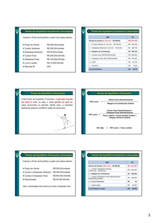 Ponto de Equilíbrio Econômico (Exemplo)                          Ponto de Equilíbrio Econômico (Exemplo)


 Calcule o Ponto de Equilíbrio a partir dos dados abaixo:                                    DRE                               R$

                                                                 Receita de Vendas (4.134 unid. × R$ 500,00)              R$ 2.067.000

   Preço de Venda:              R$ 500,00/unidade                ( − ) Custos Variáveis (4.134 unid. × R$ 300,00)         R$ 1.240.200

   Custos Variáveis:            R$ 300,00/unidade                ( − ) Despesas Variáveis (4.134 unid. × R$ 50,00)        R$   206.700

   Despesas Variáveis:          R$ 50,00/unidade                 ( = ) Margem de Contribuição                             R$ 620.100

                                                                 ( − ) Custos Fixos (R$ 500.000,00/mês)                   R$ 500.000
   Custos Fixos:                R$ 500.000,00/mês
                                                                 ( − ) Despesas Fixas (R$ 100.000,00/mês)                 R$ 100.000
   Despesas Fixas:              R$ 100.000,00/mês
                                                                 ( = ) LAIR                                               R$      20.100
   Lucro Líquido:               R$ 15.000,00/mês
                                                                 ( − ) IR (25%)                                           R$        5.025
   Alíquota IR:                 25%
                                                                 Lucro Econômico                                          R$      15.075




           Ponto de Equilíbrio Financeiro                                     Ponto de Equilíbrio Financeiro

  No Ponto de Equilíbrio Financeiro, a geração líquida                                           Gastos Fixos Desembolsáveis
de caixa é nula, ou seja, o caixa gerado se igual ao              PEF (unid.)        =
                                                                                              Margem de Contribuição Unitária
caixa consumido no período. Neste caso, a empresa
apresenta prejuízo contábil e saldo de caixa zero.
                                                                                             Custos Fixos Desembolsáveis +
                                                                                             Despesas Fixas Desembolsáveis
                                                                 PEF (unid.) =
                                                                                         Preço unitário – (Custo Variável Unitário +
                                                                                                Despesa Variável Unitária)




                                                                              PEF (R$)       =     PEF (unid.) × Preço unitário




    Ponto de Equilíbrio Financeiro (Exemplo)                         Ponto de Equilíbrio Financeiro (Exemplo)

 Calcule o Ponto de Equilíbrio a partir dos dados abaixo:                                   DRE                                R$

                                                                 Receita de Vendas (3.667 unid. × R$ 500,00)             R$ 1.833.500
   Preço de Venda:                     R$ 500,00/unidade         ( − ) Custos e Despesas Variáveis
                                                                                                                         R$ 1.283.450
                                                                 (3.667 unid. × R$ 350,00)
   Custos e Despesas Variáveis: R$ 350,00/unidade
                                                                 (=)M
                                                                    Margem d C t ib i ã
                                                                           de Contribuição                               R$    550 050
                                                                                                                               550.050
   Custos e Despesas Fixas:            R$ 600.000,00/mês         ( − ) Custos e Despesas Fixas Desembolsáveis
                                                                                                                         R$    550.000
                                                                 (R$ 550.000,00/mês)
   Depreciação:                        R$ 50.000,00/mês
                                                                 ( = ) Lucro Financeiro                                  R$           50

                                                                 ( − ) Depreciação                                       R$       50.000
 Nota: a depreciação está incluída nos Custos e Despesas Fixas
                                                                 Lucro/Prejuízo Líquido                                  (R$   50.050)




                                                                                                                                            3
 