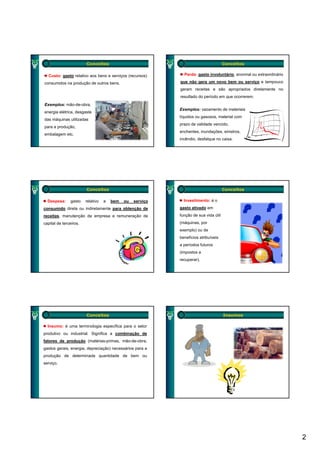 Conceitos                                                     Conceitos

  Custo: gasto relativo aos bens e serviços (recursos)        Perda: gasto involuntário, anormal ou extraordinário

consumidos na produção de outros bens.                      que não gera um novo bem ou serviço e tampouco
                                                            geram receitas e são apropriados diretamente no
                                                            resultado do período em que ocorrerem.
Exemplos: mão-de-obra,
                                                            Exemplos: vazamento de materiais
energia elétrica, desgaste
                                                            líquidos ou gasosos, material com
das máquinas utilizadas
                                                            prazo de validade vencido,
para a produção,
                                                            enchentes, inundações, sinistros,
embalagem etc.
                                                            incêndio, desfalque no caixa.




                        Conceitos                                                     Conceitos

  Despesa:     gasto    relativo   a   bem   ou   serviço     Investimento: é o
consumido direta ou indiretamente para obtenção de          gasto ativado em
receitas, manutenção da empresa e remuneração de            função de sua vida útil
capital de terceiros.                                       (máquinas, por
                                                            exemplo) ou de
                                                            benefícios atribuíveis
                                                            a períodos futuros
                                                            (impostos a
                                                            recuperar).




                        Conceitos                                                     Insumos

  Insumo: é uma terminologia específica para o setor
produtivo ou industrial. Significa a combinação de
fatores de produção (matérias-primas, mão-de-obra,
gastos gerais, energia, depreciação) necessários para a
produção de determinada quantidade de bem ou
serviço.




                                                                                                                     2
 