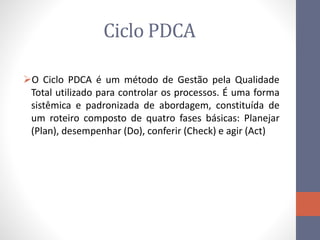 Ciclo PDCA
O Ciclo PDCA é um método de Gestão pela Qualidade
Total utilizado para controlar os processos. É uma forma
sistêmica e padronizada de abordagem, constituída de
um roteiro composto de quatro fases básicas: Planejar
(Plan), desempenhar (Do), conferir (Check) e agir (Act)
 